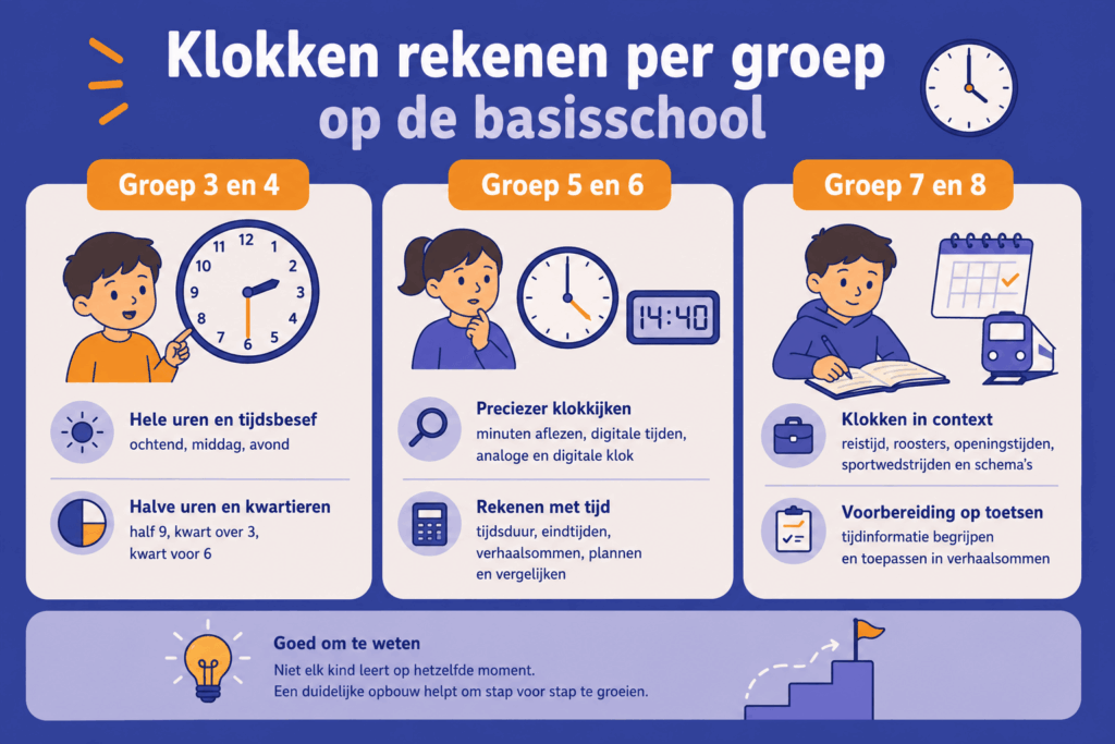Infographic die laat zien hoe klokken rekenen op de basisschool wordt opgebouwd, van hele uren en kwartieren tot digitale tijden, tijdsduur en contextsommen.