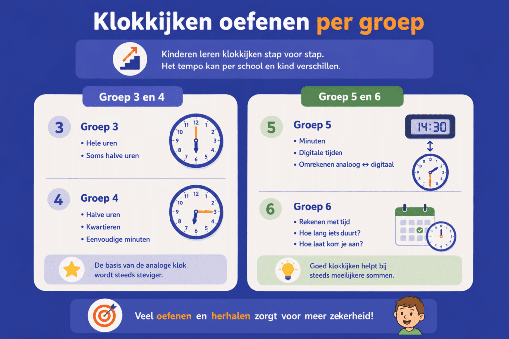 Educatieve infographic die laat zien hoe kinderen stap voor stap leren klokkijken. De afbeelding vergelijkt groep 3 en 4 met groep 5 en 6. Bij groep 3 en 4 staan hele uren, halve uren en kwartieren centraal. Bij groep 5 en 6 komen minuten, digitale tijden en rekenen met tijd erbij. Met duidelijke klokillustraties en eenvoudige symbolen wordt de opbouw van klokkijken overzichtelijk weergegeven.