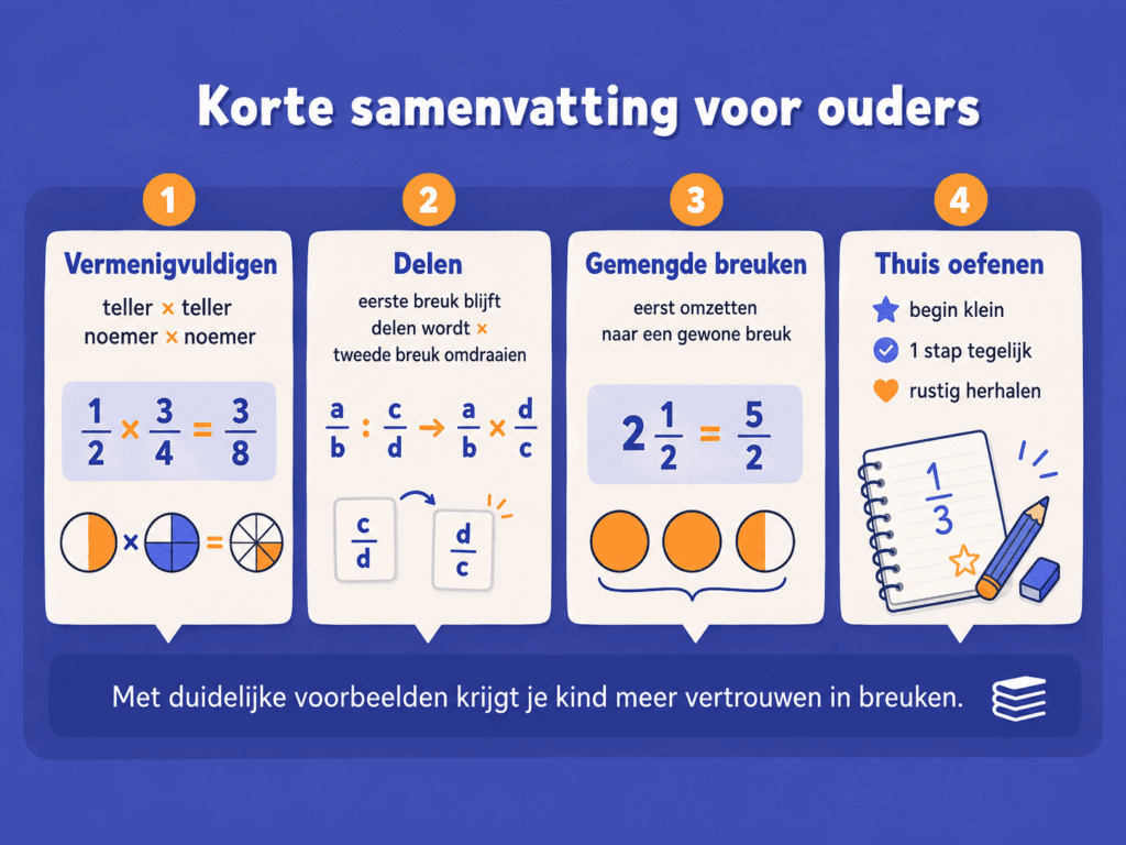 Infographic die breuken vermenigvuldigen en delen samenvat voor ouders, met uitleg over teller keer teller, noemer keer noemer, de tweede breuk omdraaien bij delen, gemengde breuken omzetten en thuis rustig oefenen.