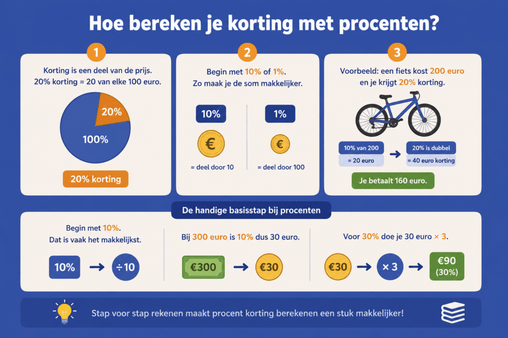 Educatieve illustratie die stap voor stap laat zien hoe je procentuele korting berekent door eerst 10% of 1% uit te rekenen en dit toe te passen op een voorbeeldprijs.