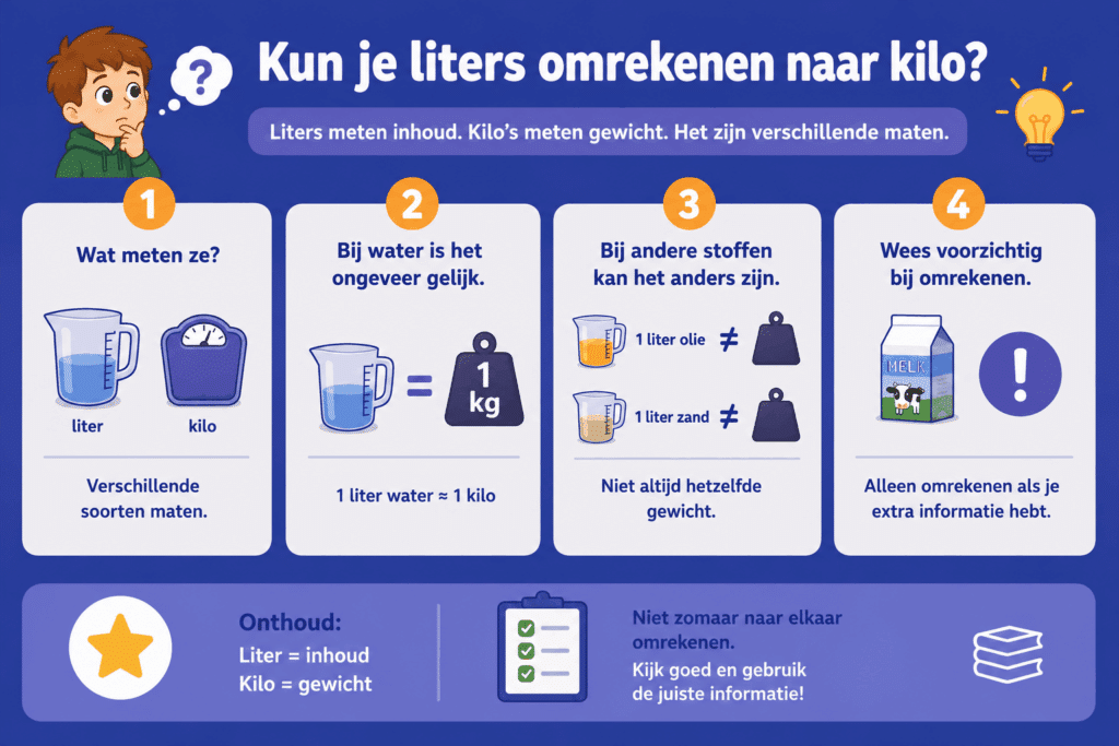 Infographic die uitlegt dat liters en kilo's verschillende soorten maten zijn. De afbeelding laat zien dat liters inhoud meten en kilo's gewicht meten, dat 1 liter water ongeveer gelijk is aan 1 kilo, maar dat dit niet geldt voor alle stoffen zoals olie of zand.