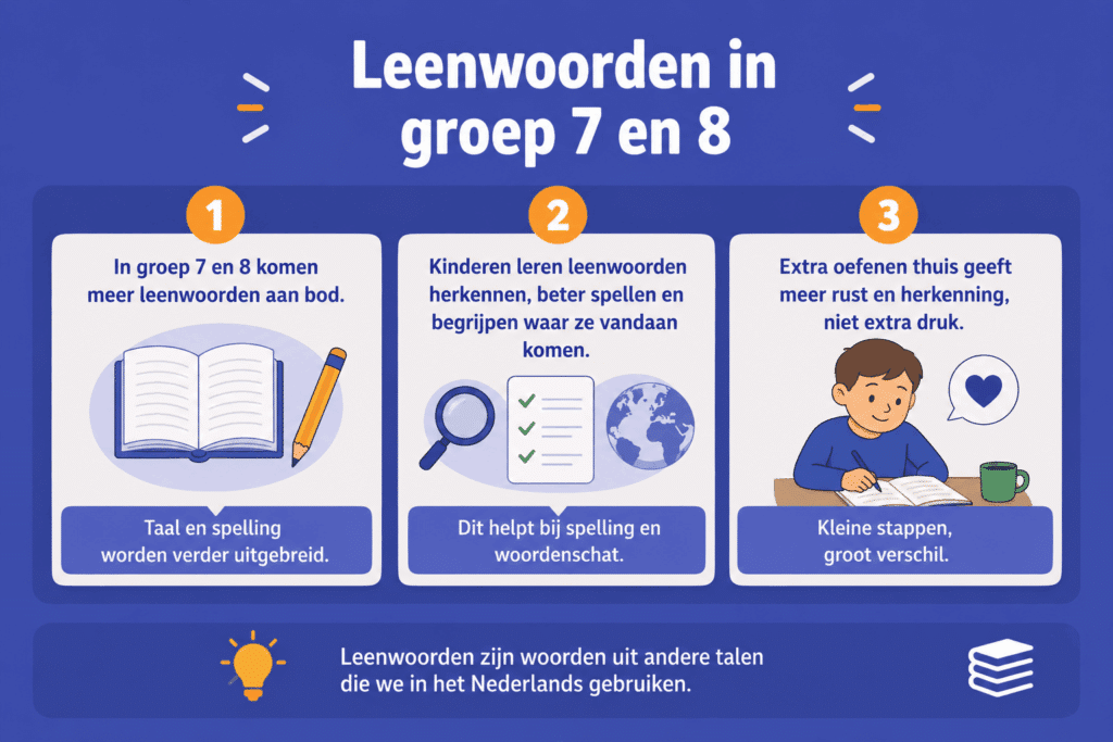 Infographic over leenwoorden in groep 7 en 8, met uitleg over spelling, woordenschat en rustig thuis oefenen met leenwoorden.