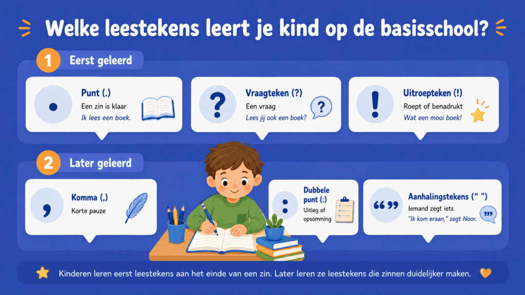 Infographic over leestekens op de basisschool met punt, vraagteken, uitroepteken, komma, dubbele punt en aanhalingstekens.