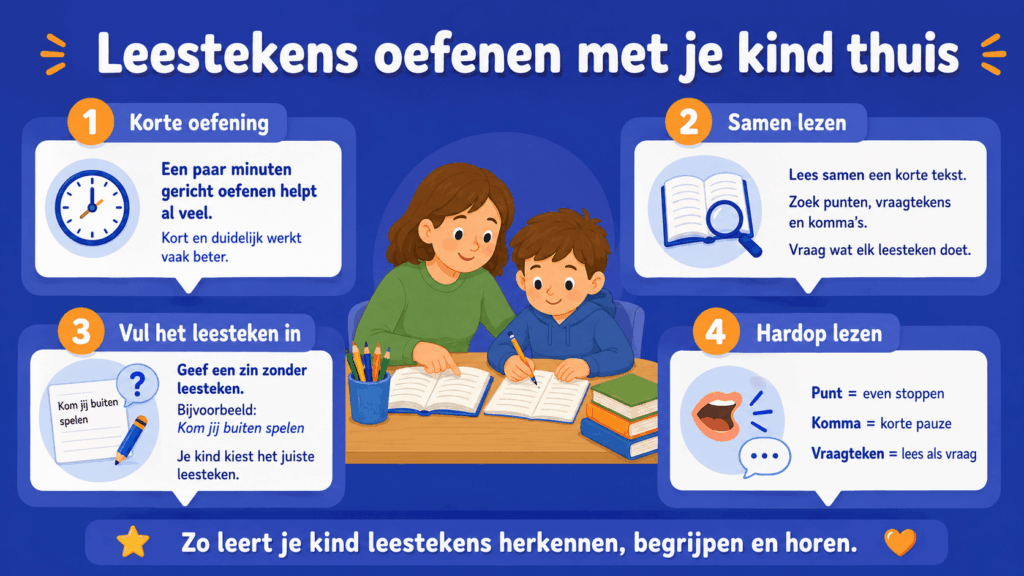 Infographic met vier korte oefeningen om thuis leestekens te oefenen, zoals samen lezen, leestekens invullen en hardop lezen.