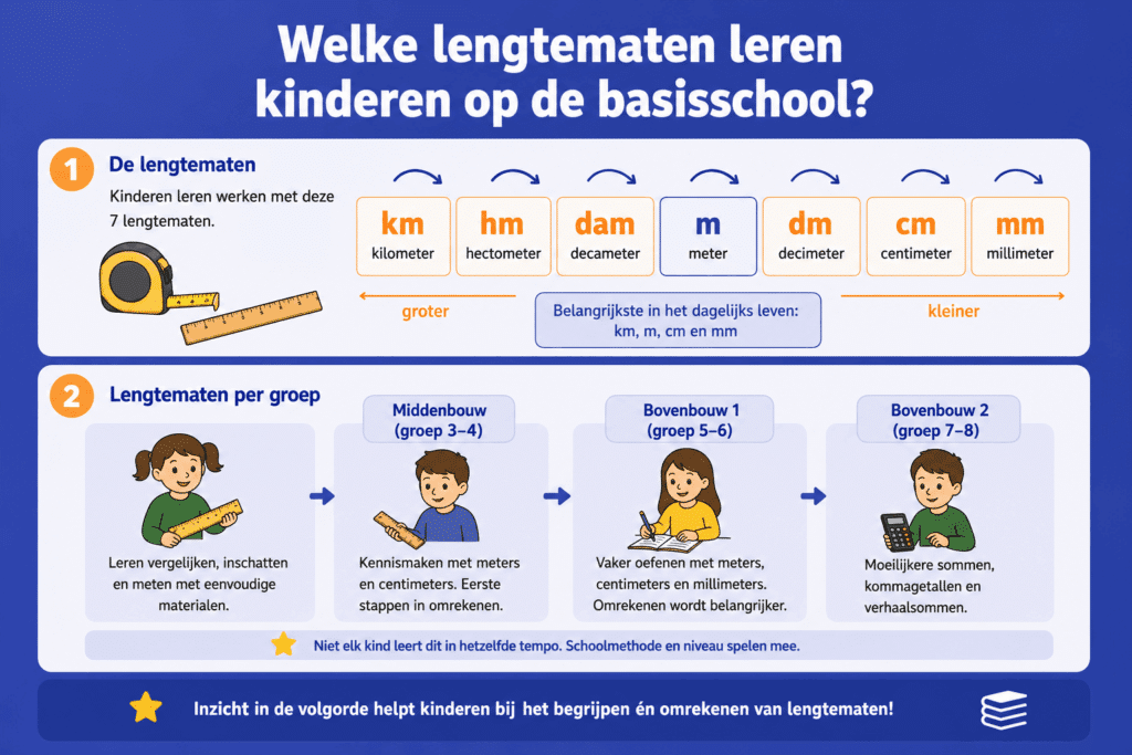 Infographic over de lengtematen km, hm, dam, m, dm, cm en mm op de basisschool.