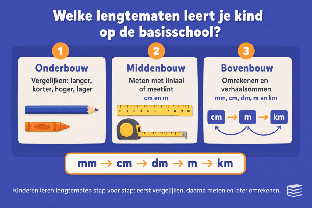 Infographic die laat zien welke lengtematen kinderen op de basisschool leren, van vergelijken in de onderbouw tot meten met liniaal en meetlint en omrekenen met mm, cm, dm, m en km.