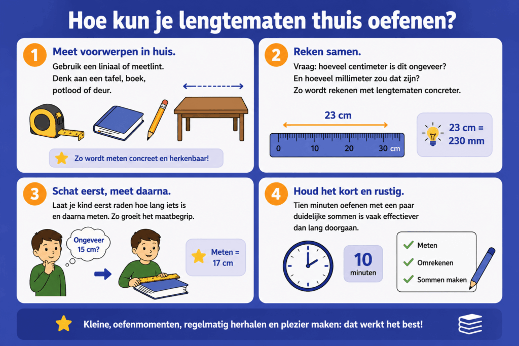Infographic met tips om lengtematen thuis te oefenen met meten, schatten en korte oefenmomenten.