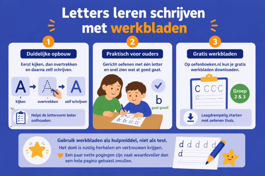 : Infographic die laat zien hoe kinderen met werkbladen letters leren schrijven door eerst te kijken, daarna over te trekken en vervolgens zelf te schrijven.