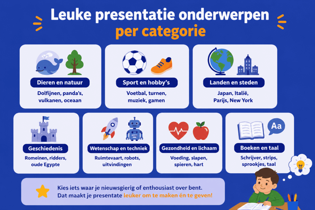 Infographic met verschillende categorieën voor presentatieonderwerpen, zoals dieren, sport, landen, geschiedenis, wetenschap, gezondheid en taal.
