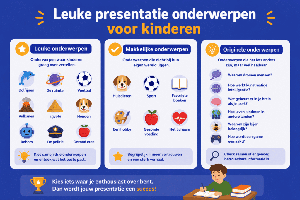 Infographic met drie soorten presentatieonderwerpen voor kinderen: leuke, makkelijke en originele onderwerpen, met voorbeelden en tips om een passend onderwerp te kiezen.