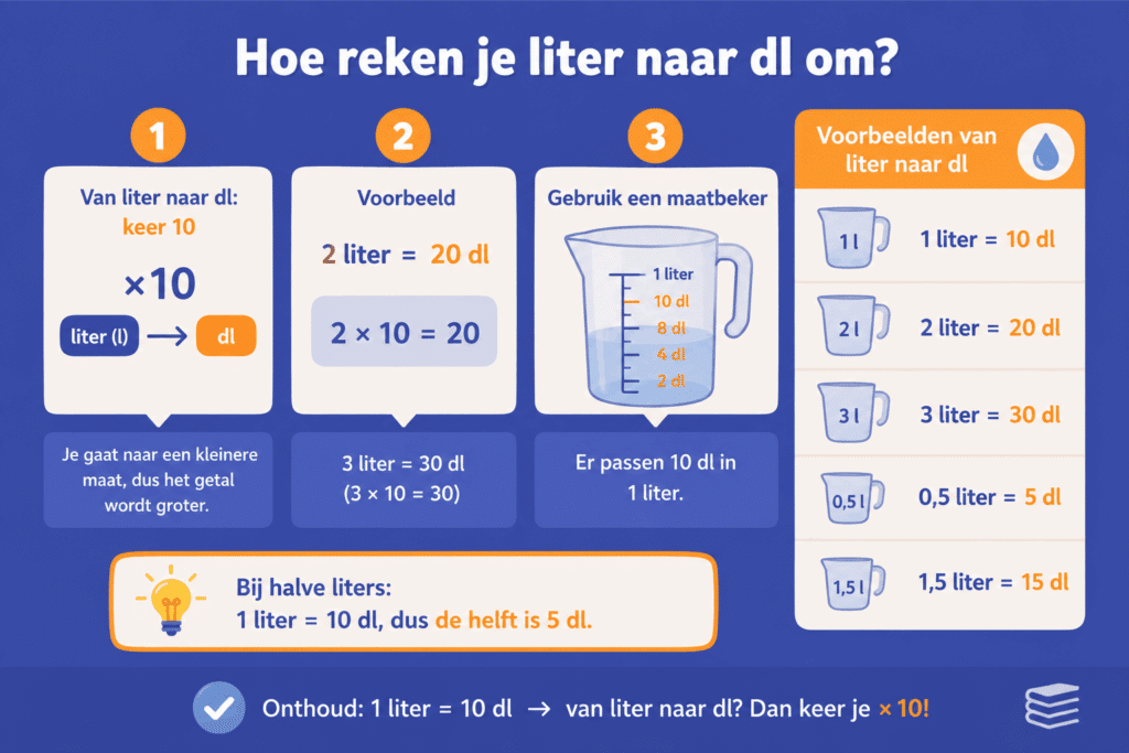 Infographic die laat zien dat je van liter naar deciliter omrekent door keer 10 te doen.