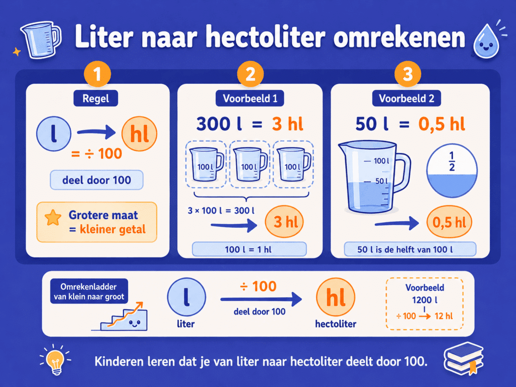 Infographic die uitlegt hoe je liters omrekent naar hectoliters door te delen door 100.