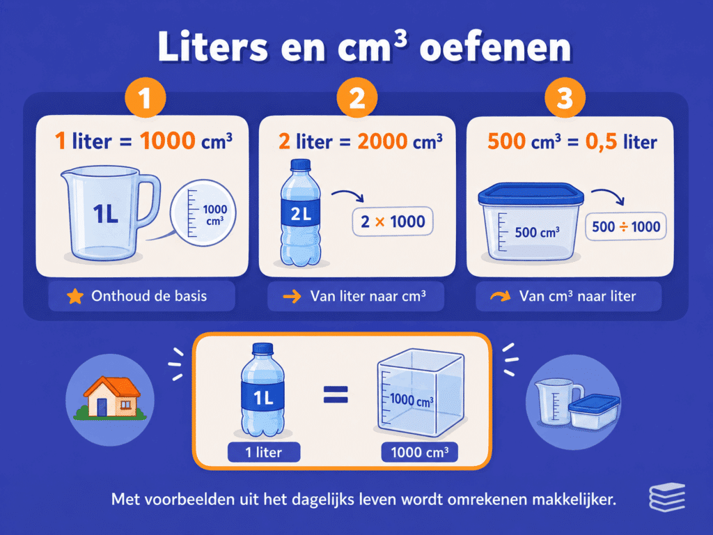 Infographic die laat zien hoe kinderen liters en cm³ omrekenen met herkenbare voorbeelden uit het dagelijks leven.