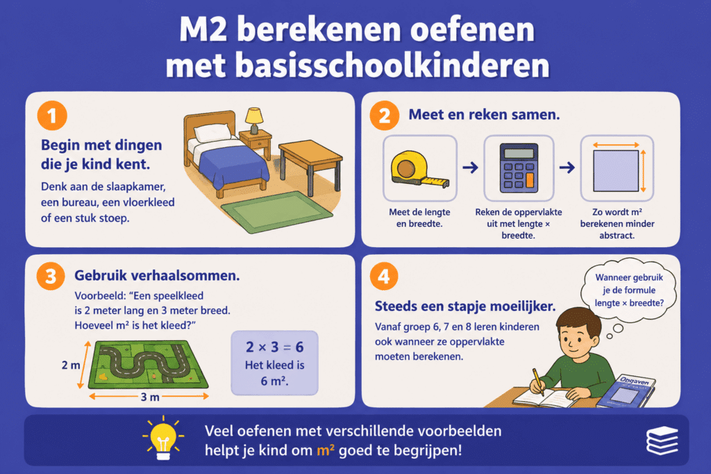 Infographic met eenvoudige manieren om m² berekenen te oefenen met herkenbare voorbeelden en verhaalsommen.