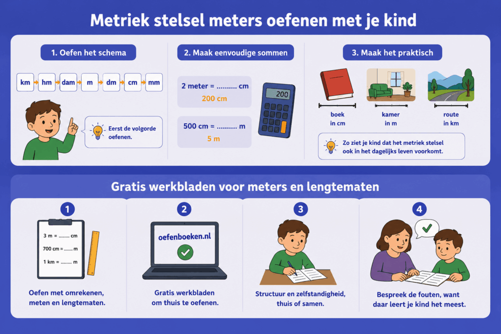 Eenvoudige educatieve illustratie die laat zien hoe ouders thuis het metriek stelsel en lengtematen kunnen oefenen met hun kind, met een schema van km tot mm, eenvoudige omreksommen en praktische voorbeelden uit het dagelijks leven.