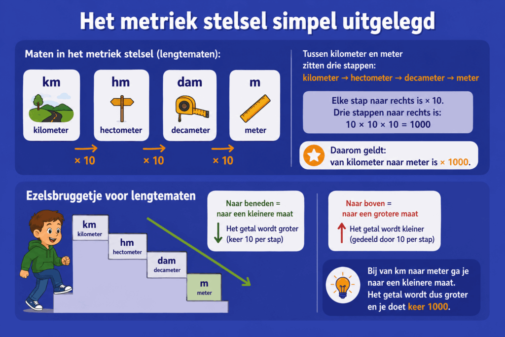 Infographic die het metriek stelsel voor lengtematen uitlegt. De afbeelding laat zien dat je van kilometer naar meter drie stappen naar rechts gaat, waarbij elke stap keer 10 is. Ook wordt een trap gebruikt als ezelsbruggetje: naar beneden naar een kleinere maat maakt het getal groter.