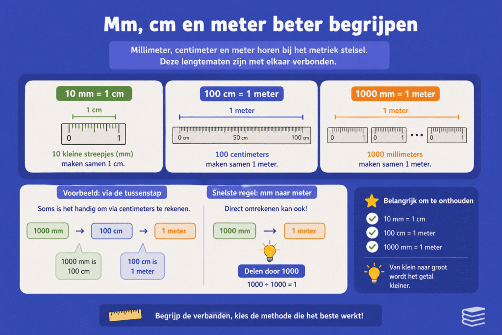 Infographic die de relatie tussen millimeters, centimeters en meters laat zien met eenvoudige omrekenvoorbeelden.
