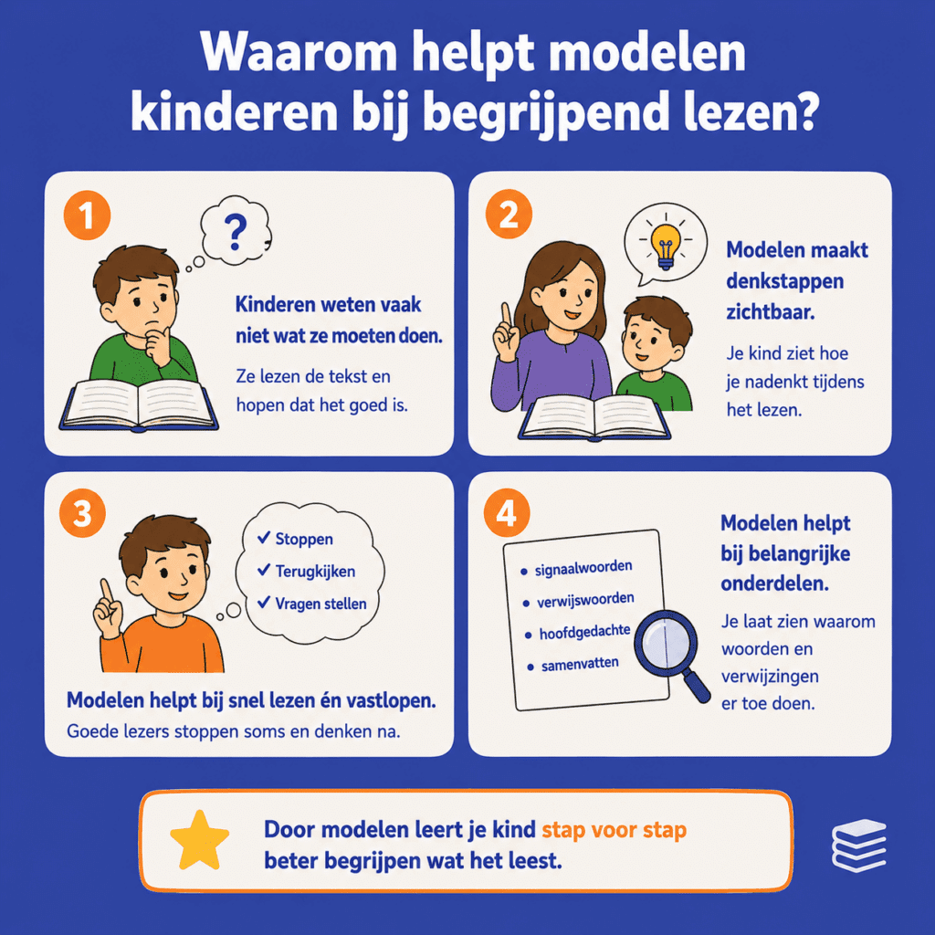 Infographic die laat zien hoe modelen kinderen helpt om denkstappen bij begrijpend lezen beter te begrijpen.