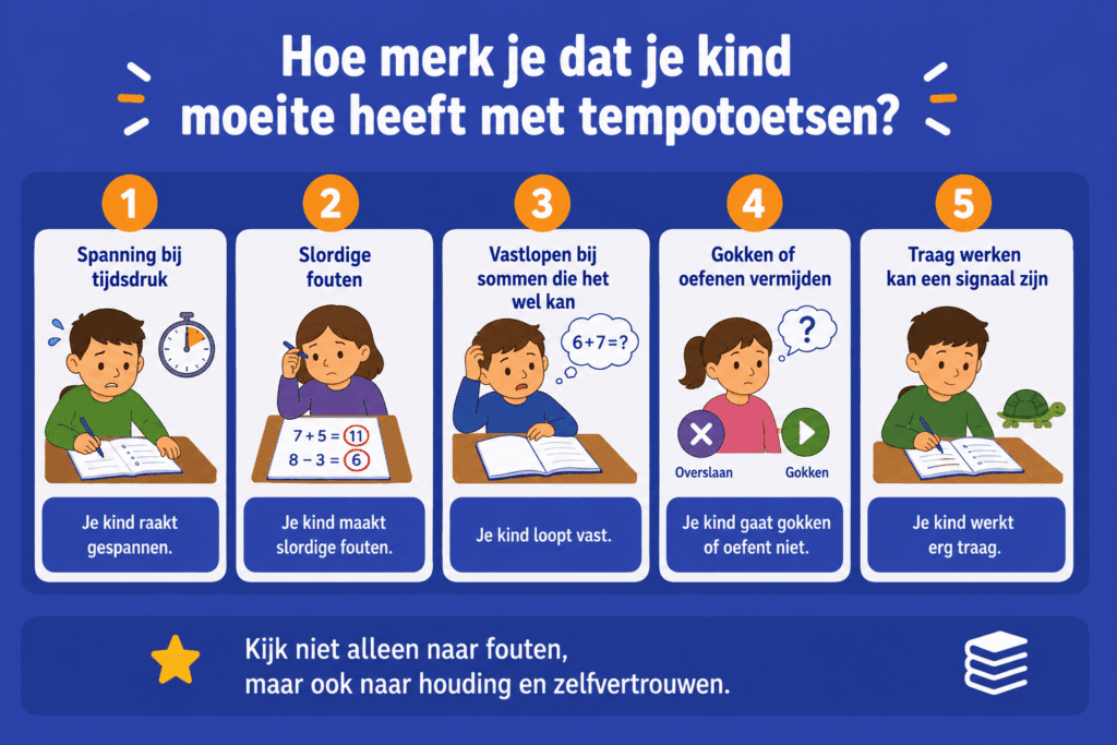 Infographic over signalen dat een kind moeite heeft met tempotoetsen, zoals spanning bij tijdsdruk, slordige fouten, vastlopen bij sommen en erg traag werken.