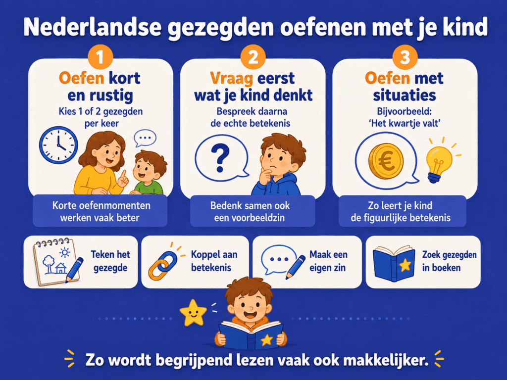 Infographic met tips om Nederlandse gezegden kort en rustig met je kind te oefenen.