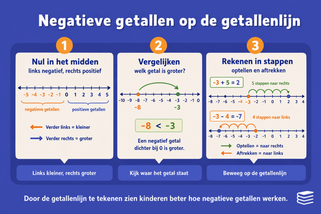 Infographic die uitlegt hoe negatieve getallen op de getallenlijn werken, met nul in het midden, vergelijking van -8 en -3 en voorbeelden van optellen en aftrekken in stappen.