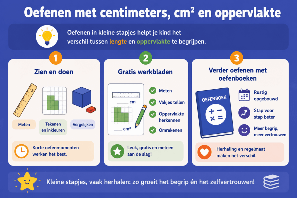 Vrolijke infographic voor basisschoolkinderen over het oefenen met centimeters, vierkante centimeters en oppervlakte. De afbeelding laat drie eenvoudige manieren zien om te oefenen: meten en vergelijken met een liniaal, werken met gratis werkbladen en verder oefenen met oefenboeken.