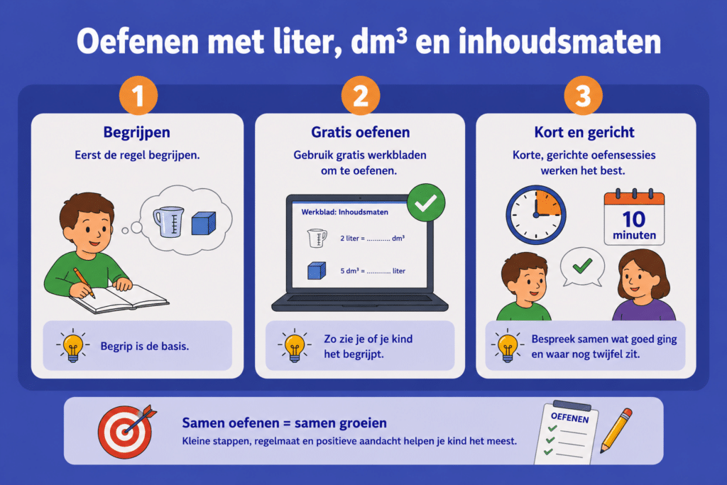 Eenvoudige educatieve illustratie die laat zien hoe kinderen oefenen met liter, dm³ en inhoudsmaten, met korte oefensessies, gratis werkbladen en uitleg over rustig stap voor stap oefenen.