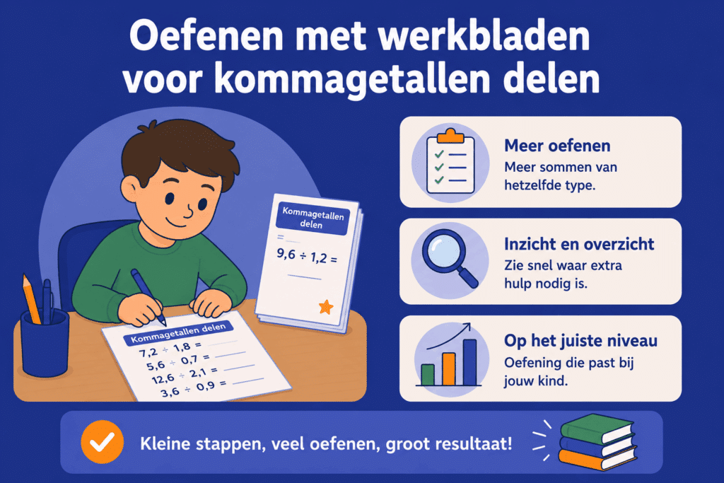 Educatieve illustratie van een kind dat oefent met werkbladen voor kommagetallen delen. De afbeelding laat zien hoe kinderen thuis kunnen oefenen met rekensommen, extra overzicht krijgen, ontdekken waar nog hulp nodig is en oefenen op hun eigen niveau.