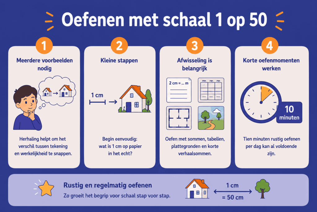 Infographic die laat zien hoe kinderen schaal 1 op 50 stap voor stap oefenen met eenvoudige voorbeelden, afwisselende opdrachten en korte oefenmomenten.