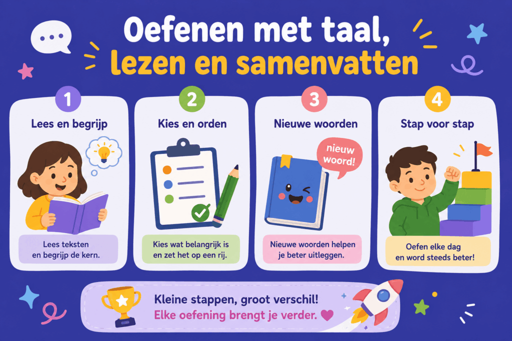 Speelse infographic die laat zien hoe kinderen door lezen, belangrijke informatie kiezen, nieuwe woorden leren en oefenen stap voor stap beter worden in taal.