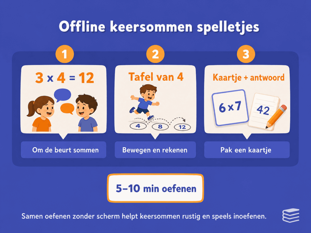 Illustratie over offline keersommen spelletjes zonder scherm, met eenvoudige voorbeelden om tafels en keersommen thuis spelenderwijs te oefenen.