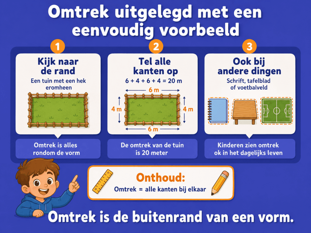 Infographic die met een tuin laat zien hoe kinderen de omtrek berekenen door alle kanten op te tellen.