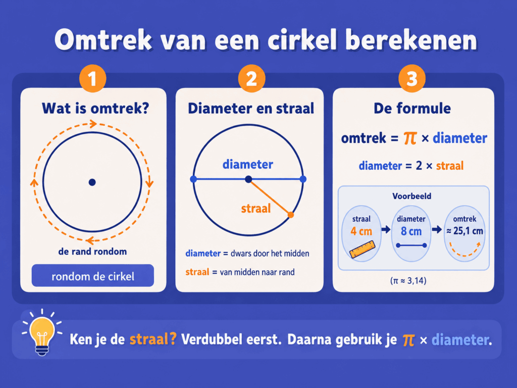 Educatieve infographic over het berekenen van de omtrek van een cirkel. De afbeelding laat zien dat de omtrek de rand rondom de cirkel is. Ook worden de diameter en straal uitgelegd: de diameter loopt dwars door het midden van de cirkel en de straal loopt van het midden naar de rand.