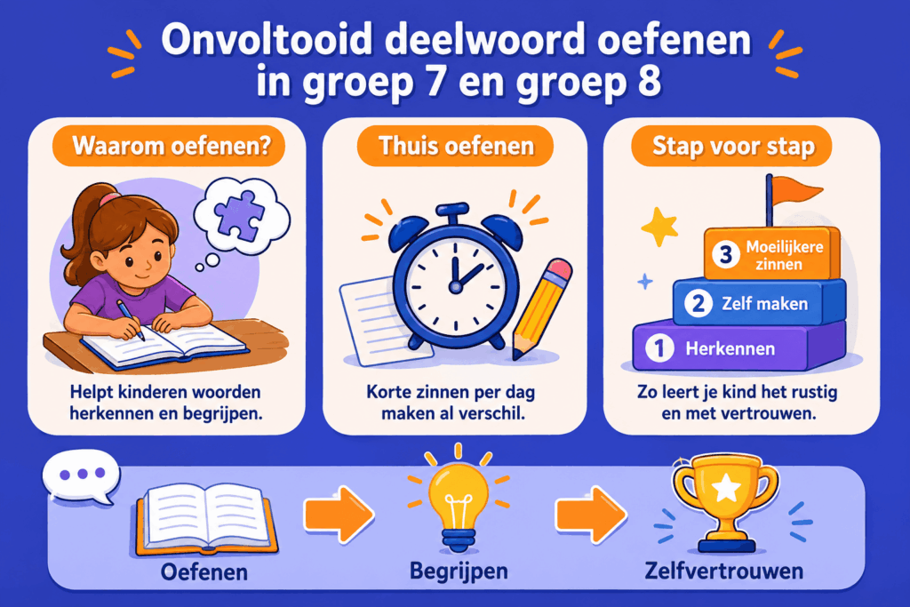 Infographic over onvoltooid deelwoord oefenen in groep 7 en 8 met korte stappen en voorbeelden.