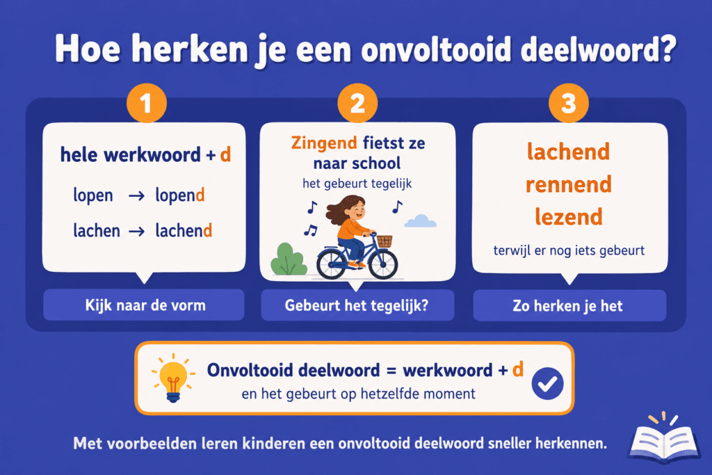 Educatieve afbeelding die uitlegt hoe je een onvoltooid deelwoord herkent met korte voorbeelden in een zin.