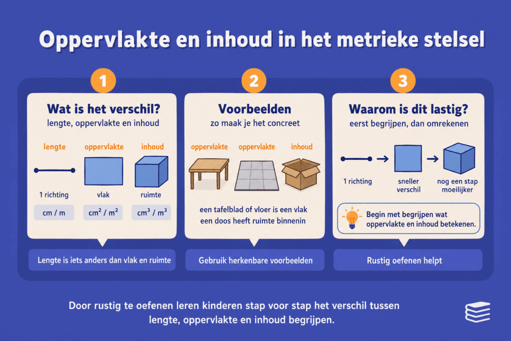 Infographic die uitlegt wat het verschil is tussen lengte, oppervlakte en inhoud in het metrieke stelsel, met voorbeelden zoals een tafelblad, vloer en doos.