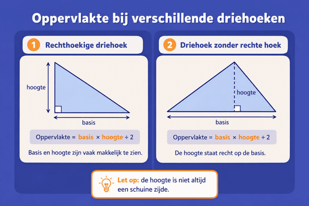 Uitlegafbeelding over de oppervlakte van verschillende driehoeken met voorbeelden van basis, hoogte en de formule delen door 2.