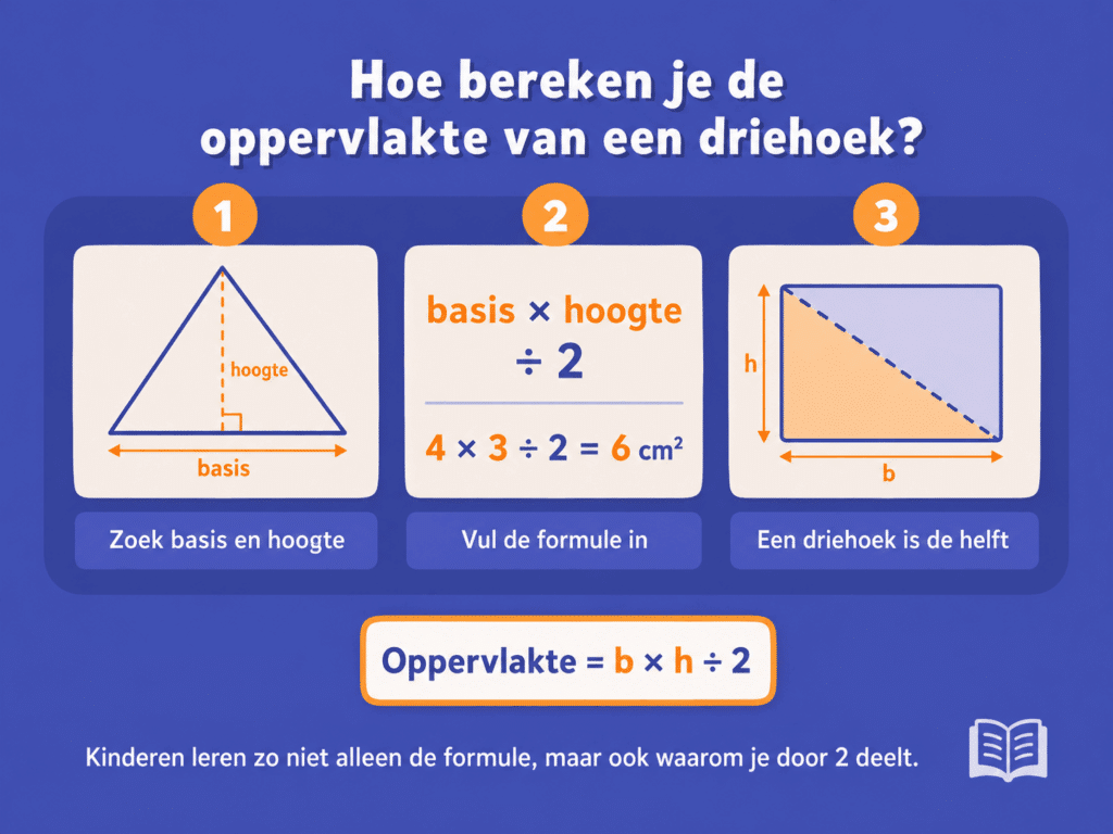Infographic over de formule voor de oppervlakte van een driehoek met basis, hoogte en de regel basis x hoogte ÷ 2.