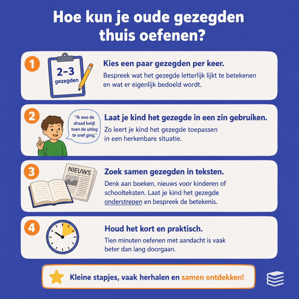 Infographic met eenvoudige tips om oude gezegden thuis kort en praktisch met je kind te oefenen.