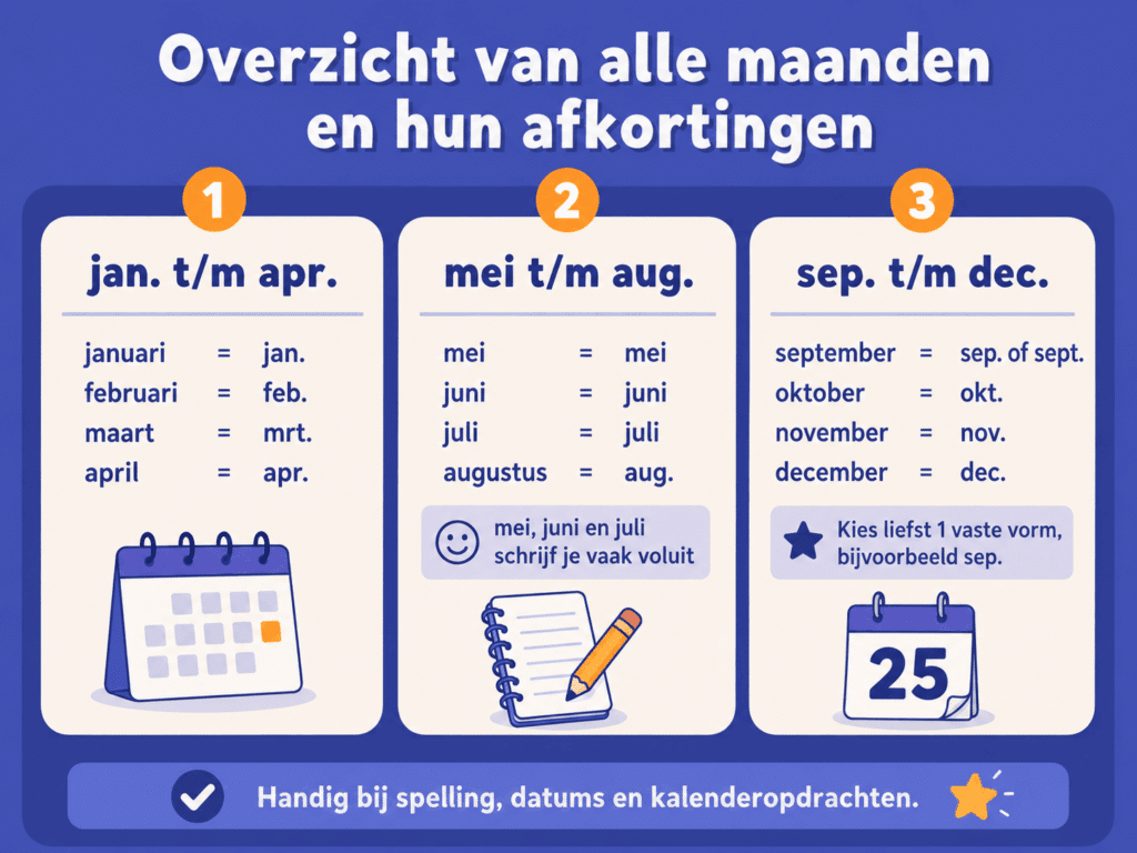 Infographic met een overzicht van alle maanden en hun afkortingen, handig voor spelling, datums en kalenderopdrachten.