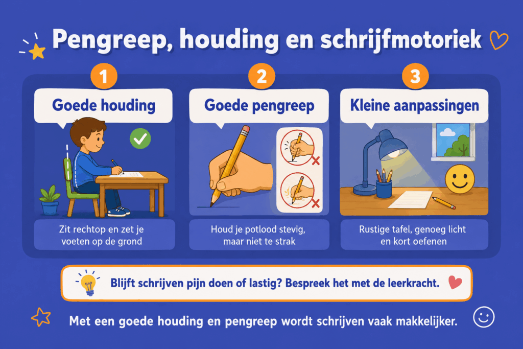 Illustratie over pengreep, houding en schrijfmotoriek bij kinderen, met uitleg over goed zitten, een ontspannen potloodgreep en rustig schrijven oefenen.