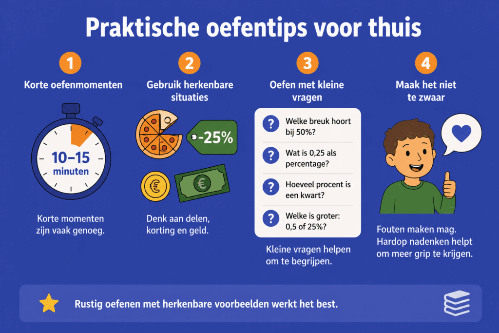 Eenvoudige educatieve illustratie met praktische oefentips voor thuis over breuken, procenten en kommagetallen. De afbeelding laat korte oefenmomenten, herkenbare situaties zoals pizza en geld, kleine rekensommen en positief oefenen zien.