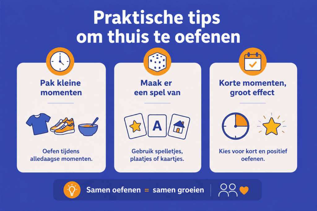 Educatieve illustratie met drie tips om thuis te oefenen: pak kleine momenten, maak er een spel van en kies voor korte positieve oefenmomenten.