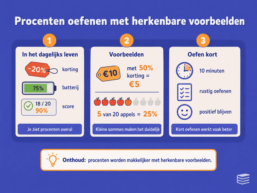 Educatieve illustratie die laat zien hoe kinderen procenten kunnen oefenen met herkenbare voorbeelden zoals korting, batterijpercentage, quizscores en appels.