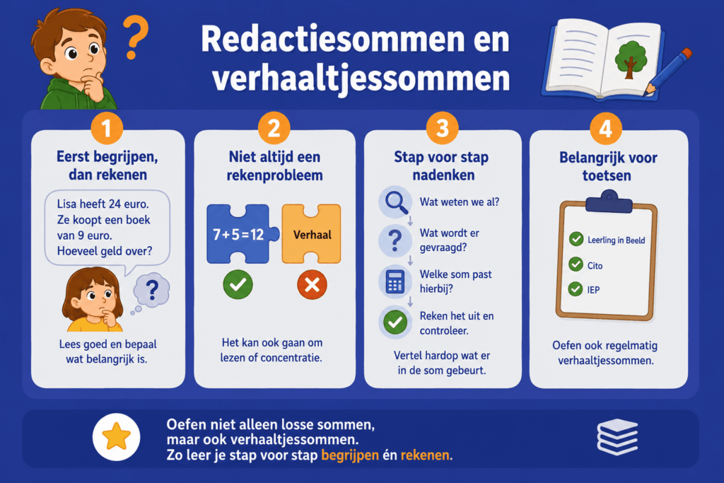 Kleurrijke infographic voor basisschoolkinderen over redactiesommen en verhaaltjessommen. De afbeelding laat in vier eenvoudige stappen zien hoe kinderen een verhaaltjessom aanpakken: eerst de tekst begrijpen, belangrijke informatie herkennen, stap voor stap nadenken en de juiste som kiezen.