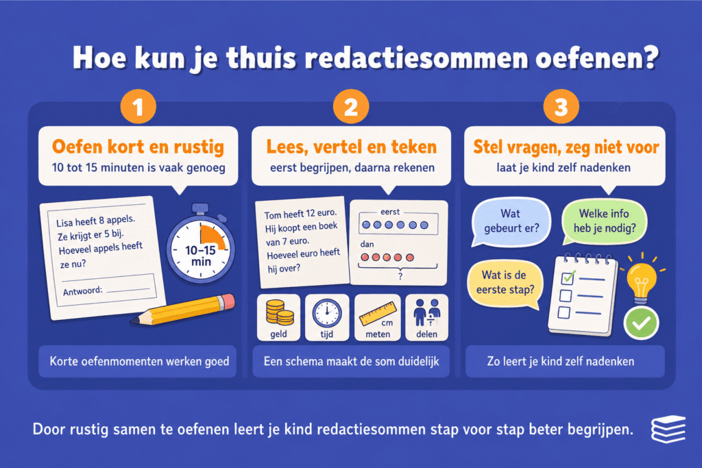 Infographic die laat zien hoe je thuis redactiesommen kunt oefenen met korte oefenmomenten, hardop lezen, een schema of tekening maken en vragen stellen.