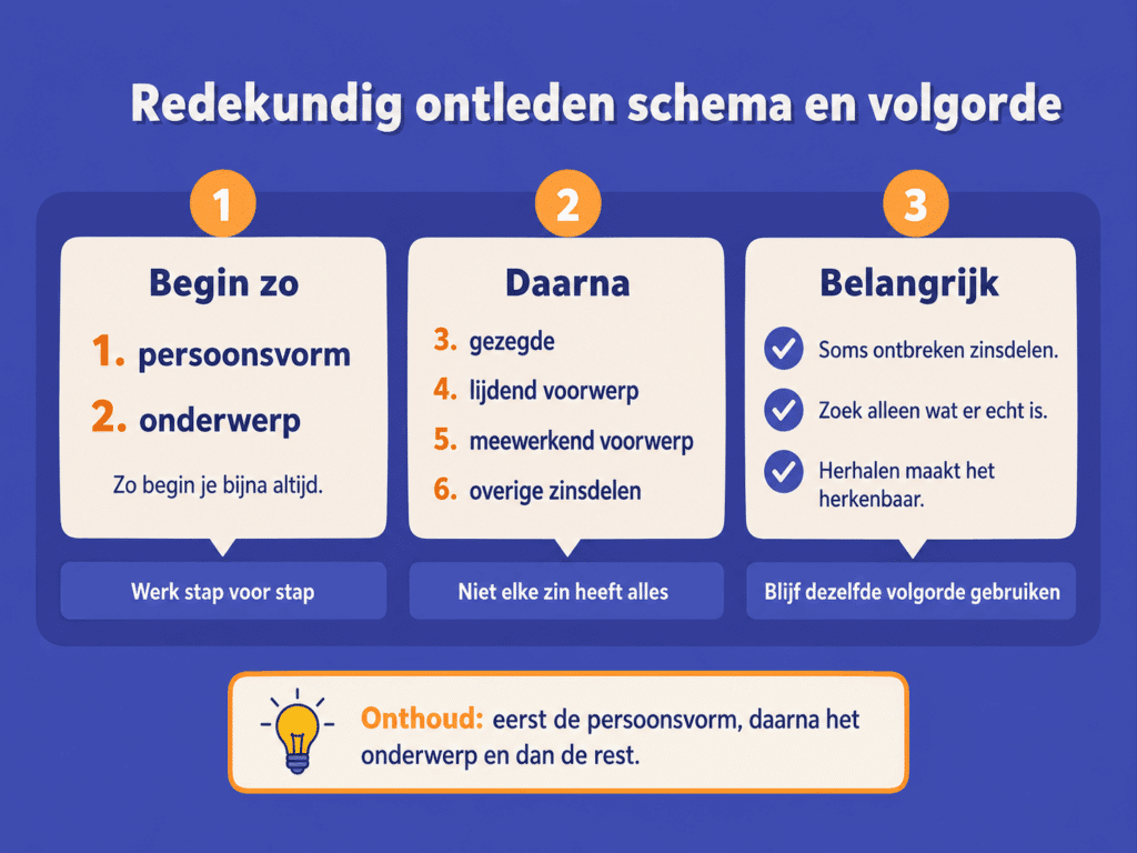 Educatieve illustratie die een stappenplan laat zien voor redekundig ontleden, van persoonsvorm en onderwerp tot gezegde en andere zinsdelen.