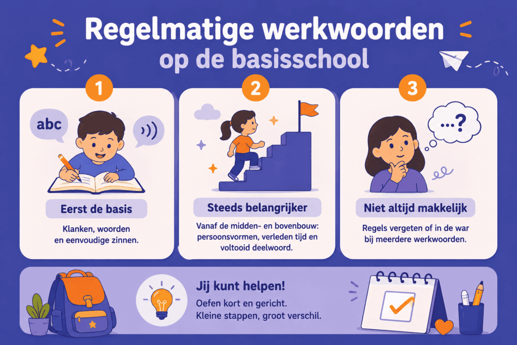 Speelse infographic die laat zien hoe kinderen op de basisschool stap voor stap leren werken met regelmatige werkwoorden, van de basis naar werkwoordspelling en zelfstandig toepassen van regels.