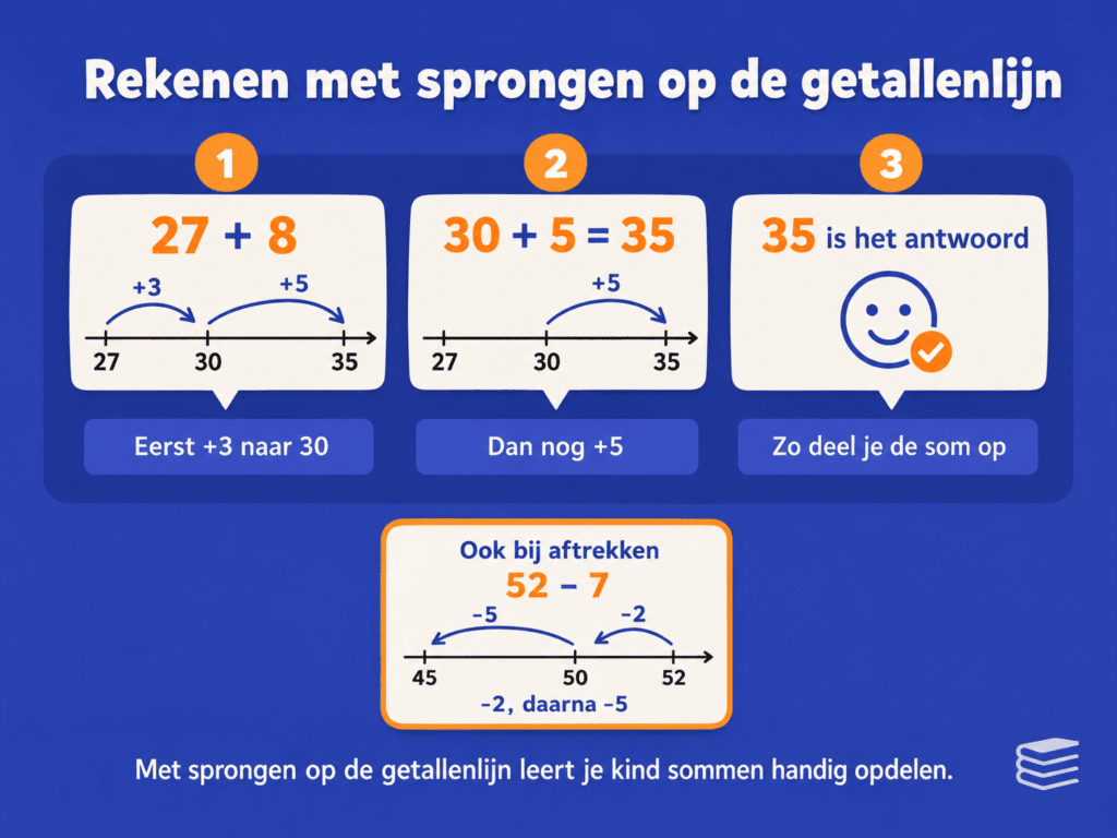 Illustratie over rekenen met sprongen op de getallenlijn, waarbij kinderen leren optellen en aftrekken in stappen zoals eerst naar het tiental en daarna verder rekenen.
