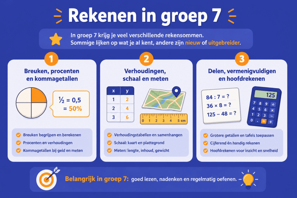 Educatieve infographic over rekenen in groep 7. De afbeelding verdeelt de belangrijkste rekenonderwerpen in drie overzichtelijke categorieën: breuken, procenten en kommagetallen, verhoudingen, schaal en meten, en delen, vermenigvuldigen en hoofdrekenen.